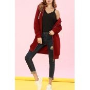 Lovely Casual Long Sleeves Purplish Red Long Coat
