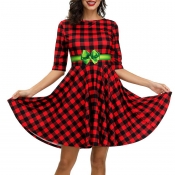 Lovely Christmas Day Plaid Printed Wine Red Mini D