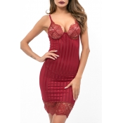 Lovely Sexy Skinny Patchwork Wine Red Babydolls
