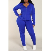 Lovely Casual Zipper Design Basic Blue Plus Size T