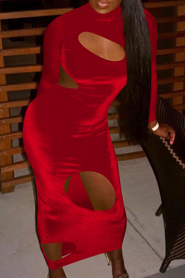 Lovely Sexy Turtleneck Hollow-out Red Ankle Length Dress