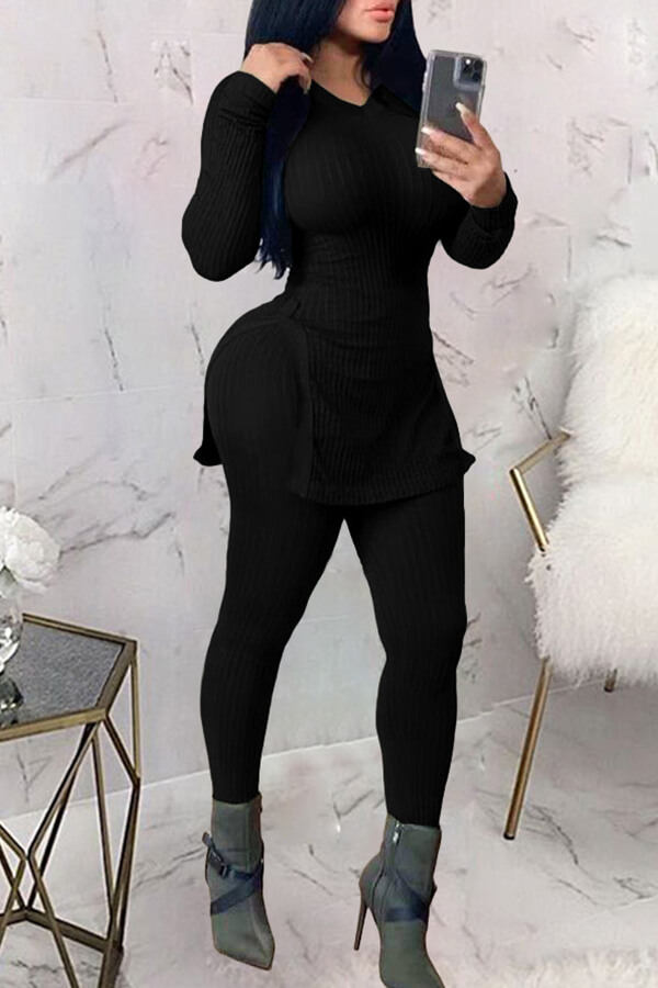 LW V Neck Side Split Pants Set