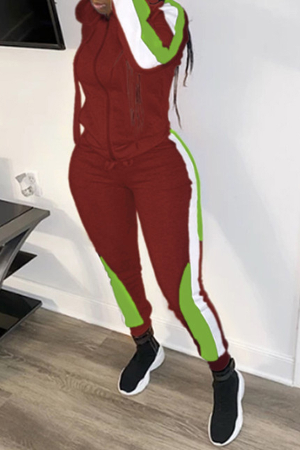 Lovely Casual Hooded Collar Patchwork Wine Red Two-piece Pants Set