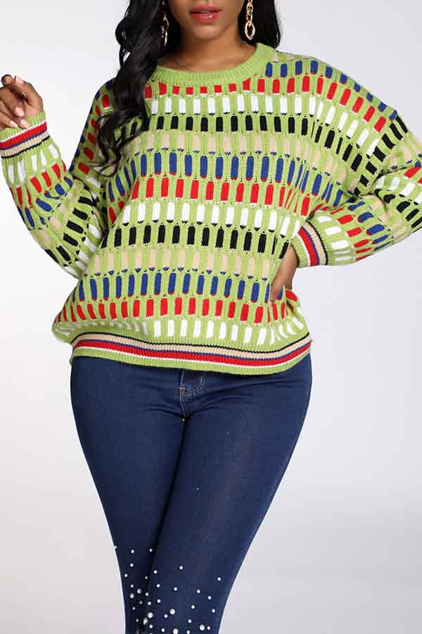 Lovely Casual O Neck Geometric Green Sweater