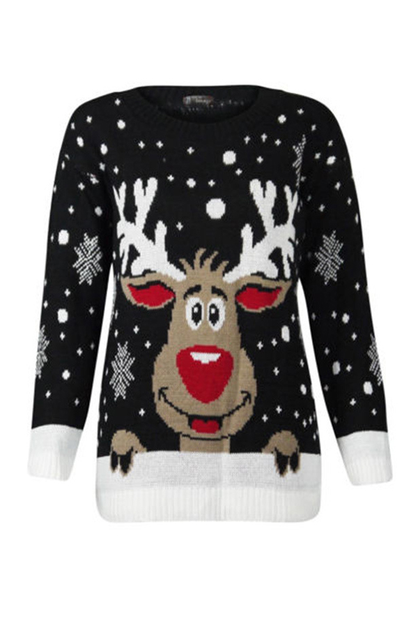 Lovely Casual O Neck Christmas Deer Black Plus Size Sweater