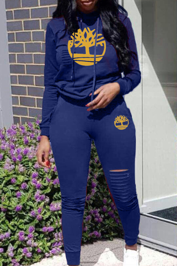 Lovely Trendy Hooded Collar Hollow-out Blue Two-piece Pants Set