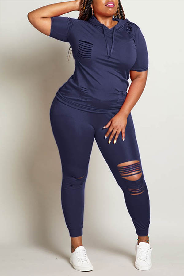 LW Plus Size Hooded Collar Ripped Tracksuit Set