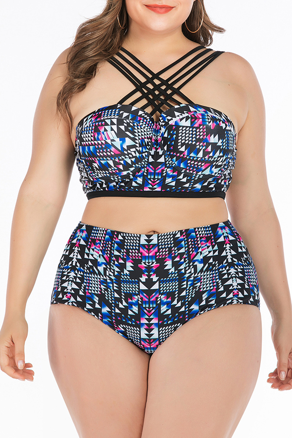 Lovely Cross-over Design Multicolor Plus Size Two-piece Swimwear
