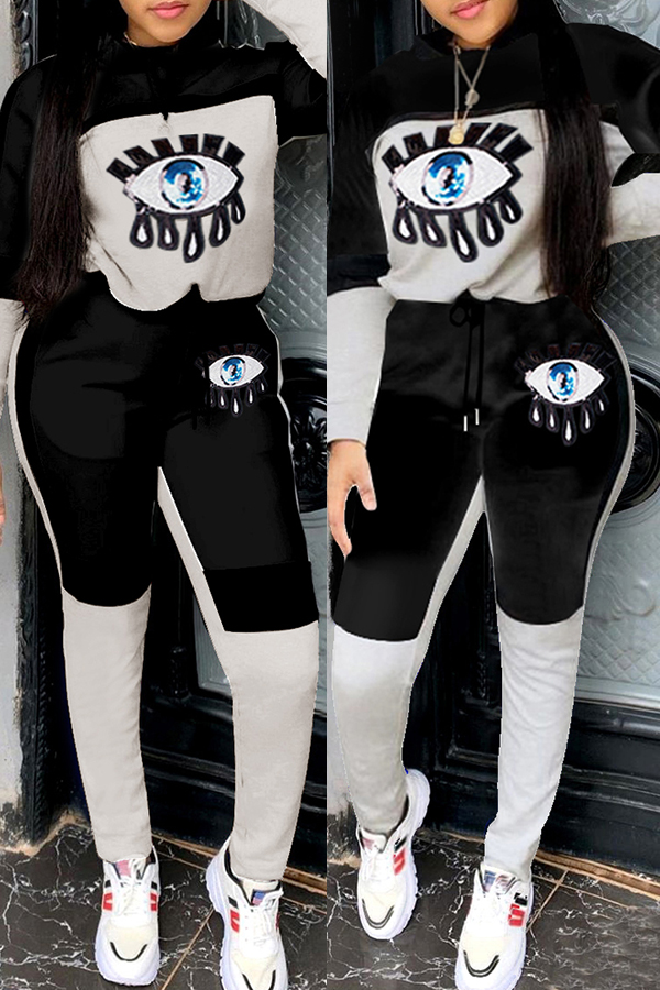 Lovely Casual Eye Patchwork Black Two-piece Pants Set