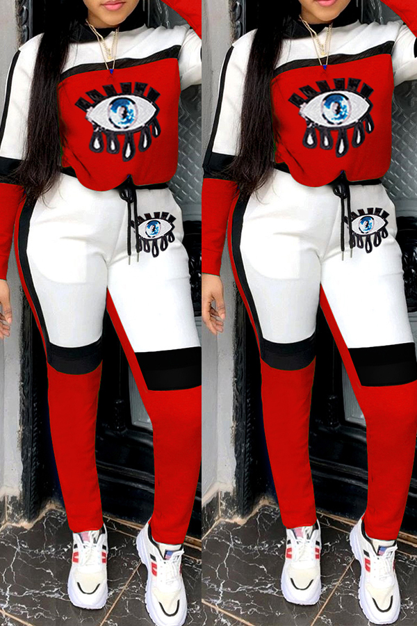 Lovely Casual Eye Patchwork Red Two-piece Pants Set