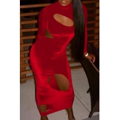 Lovely Sexy Turtleneck Hollow-out Red Ankle Length