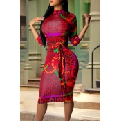 Lovely Casual Printed Skinny Red Knee Length Dress