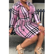 Lovely Casual Plaid Printed Pink Plus Size Mini Dr
