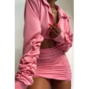 Lovely Street Ruffle Design Pink Two-piece Skirt S