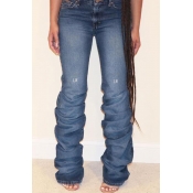 Lovely Trendy Ruffle Design Deep Blue Jeans