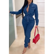 Lovely Trendy Lace-up Blue One-piece Jumpsuit