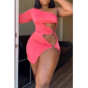 Lovely Sexy One Shoulder Hollow-out Pink Mini Dres