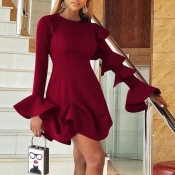 Lovely Sweet Flounce Design Wine Red Mini Dress