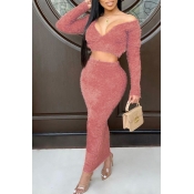 Lovely Trendy V Neck Skinny Pink Two-piece Skirt S