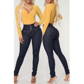 Lovely Casual Buttons Design Deep Blue Jeans