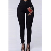 Lovely Casual Embroidery Design Black Jeans