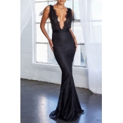 Lovely Party See-through Backless Black Trailing P
