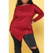 Lovely Casual Zipper Design Wine Red Plus Size Hoo