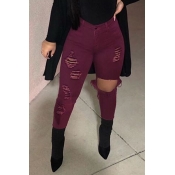 Lovely Casual Hollow-out Wine Red Jeans