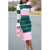 Lovely Casual Patchwork Green Two-piece Skirt Set