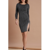 Lovely Vintage Slit Deep Grey Knitting Mini Dress