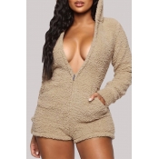 Lovely Casual Zipper Design Light Tan One-piece Ro