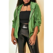 Lovely Casual Zipper Design Army Green Coat