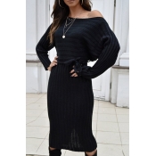 Lovely Casual Dew Shoulder Black Mid Calf Dress