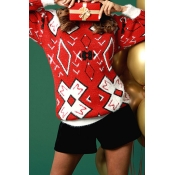 Lovely Sweet Long Sleeves Printed Red Mohair Sweat