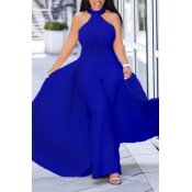 Lovely Trendy Patchwork Dew Shoulder Blue One-piec