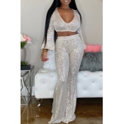 Lovely Trendy Crop Top Silver Two-piece Pants Set