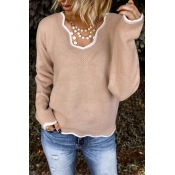 Lovely Flounce Design Khaki Sweater