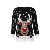 Lovely Casual O Neck Christmas Deer Black Plus Siz