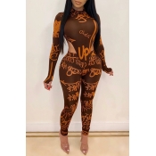 Lovely Sexy Letter Printed Skinny Brown Two-piece 