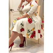 Lovely Casual Floral Printed White Knee Length Plu