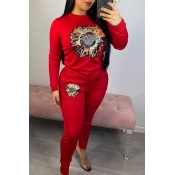 Lovely Casual O Neck Printed Red Two-piece Pants S