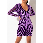 Lovely Party V Neck Patchwork Purple Mini Dress
