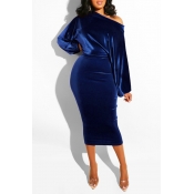 Lovely Work Dew Shoulder Deep Blue Mid Calf Dress