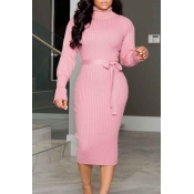 Lovely Sweet Turtleneck Skinny Pink Mid Calf Dress