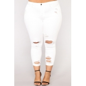 Lovely Casual Hollow-out White Plus Size Jeans