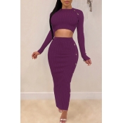 Lovely Casual Crop Top Purple Two-piece Skirt Set