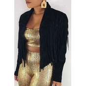 Lovely Casual Tassel Design Black Coat