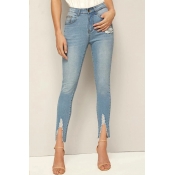 Lovely Casual Slit Baby Blue Jeans