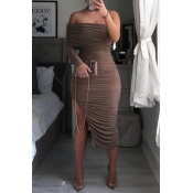 Lovely Trendy One Shoulder Ruffle Design Brown Mid