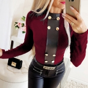 Lovely Casual Buttons Design Wine Red T-shirt